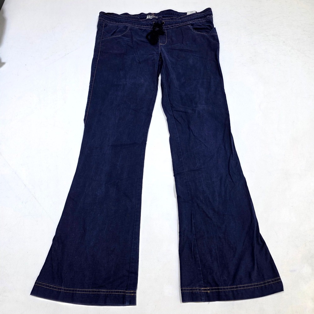 Roxy Linen Blend Pants Womens S Navy Blue Wide Leg Drawstring Beach Y2K F473055